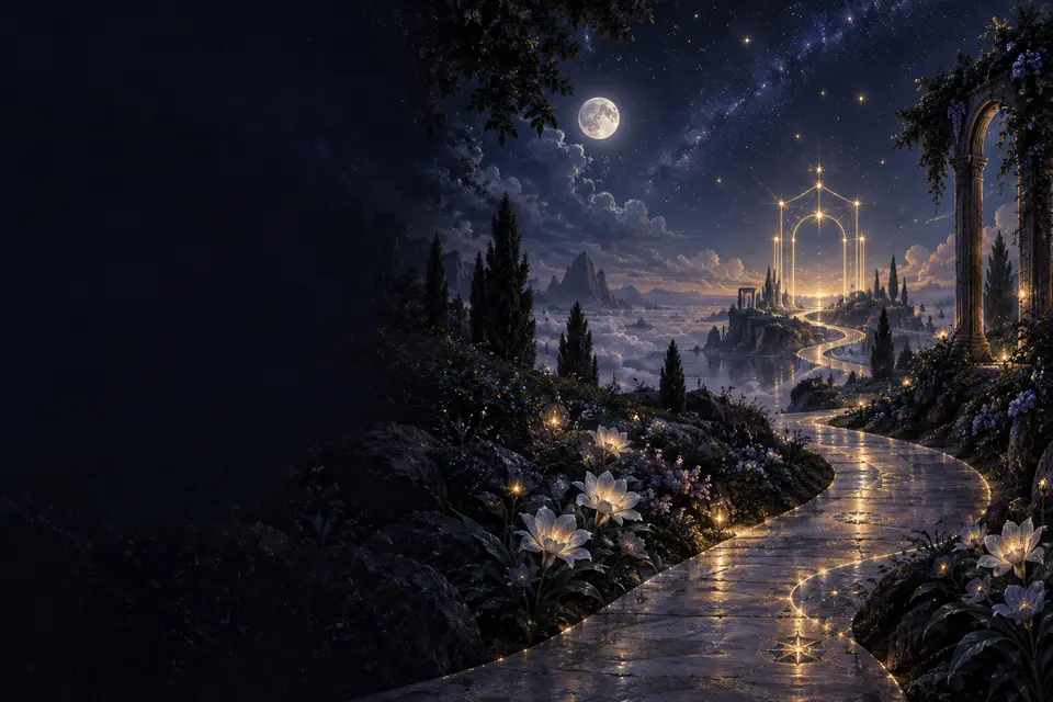 Un sentiero illuminato dalle stelle conduce verso una soglia dorata